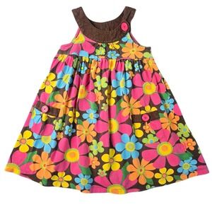 Carters Floral Jumper Dress Girls 4T Brown Pink Blue Retro Kidcore 100% Cotton